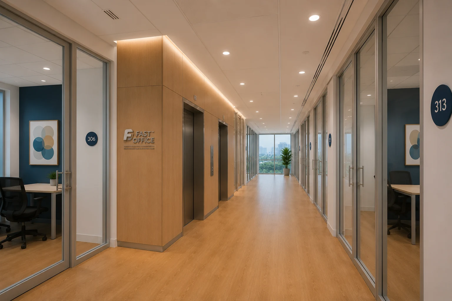 Conceptual glass-office corridor rendering